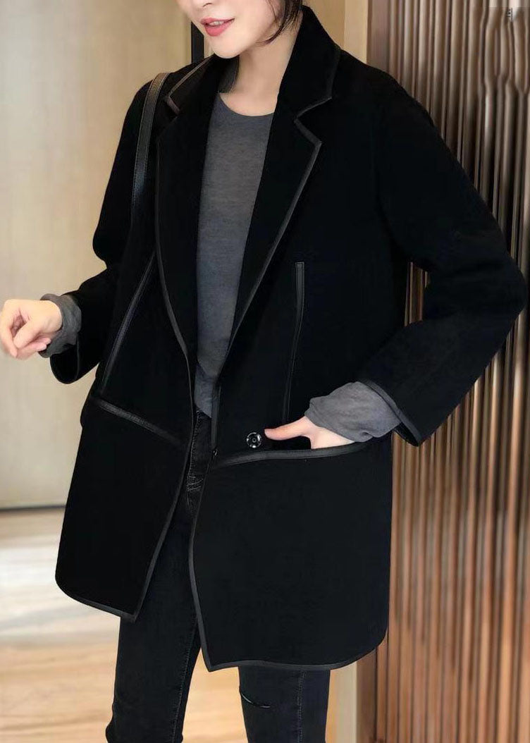 Black Notched Patchwork Pockets Wool Blend Coat Fall