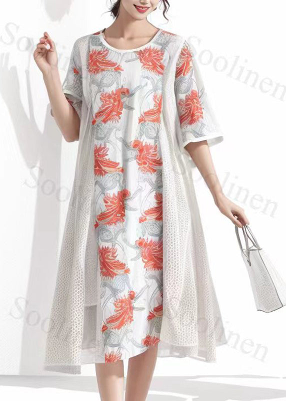 Beige O-neck Print Fake Two Pieces Silk Long Dresses Summer