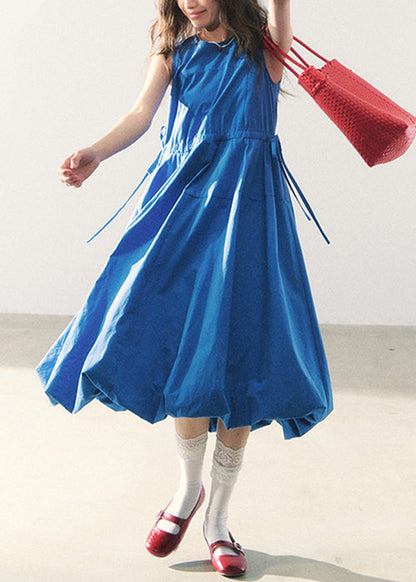 Original Blue O-neck Tie Waist Cotton Long Dress Sleeveless