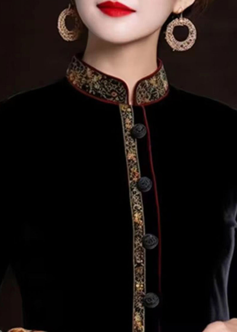 Black Print Button Silk Coats Long Sleeve
