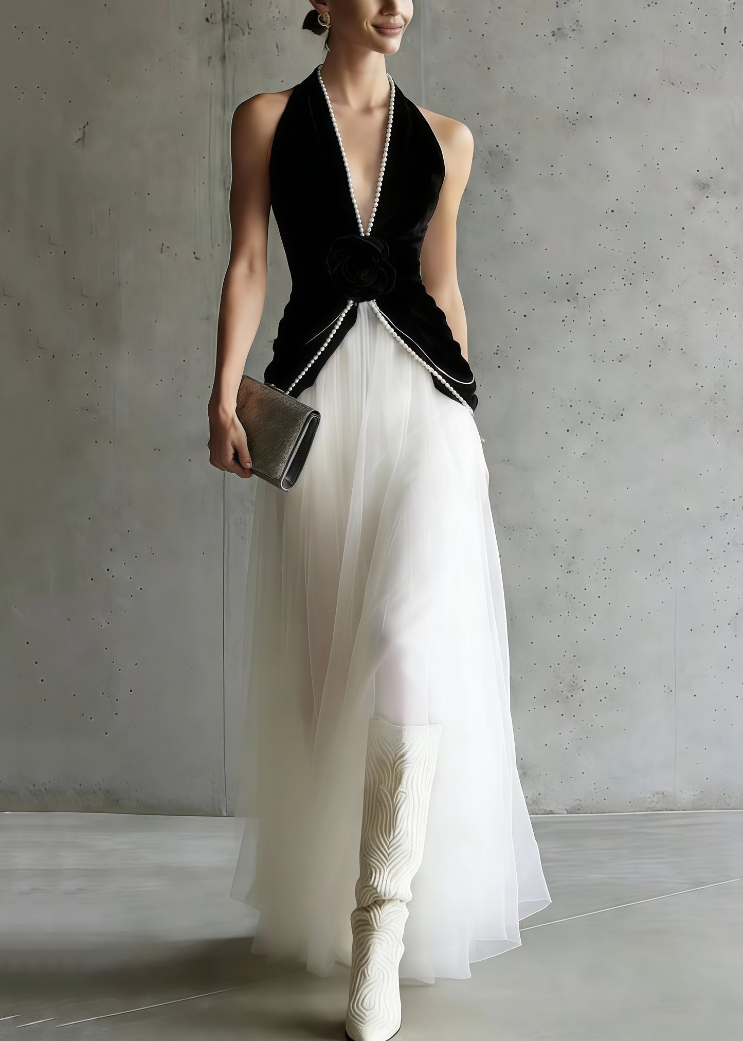 Black Halter Patchwork Tulle Flower Decorated Dinner Dress Sleeveless