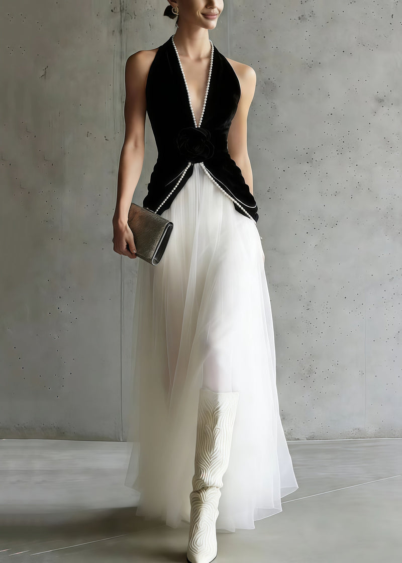 Black Halter Patchwork Tulle Flower Decorated Dinner Dress Sleeveless