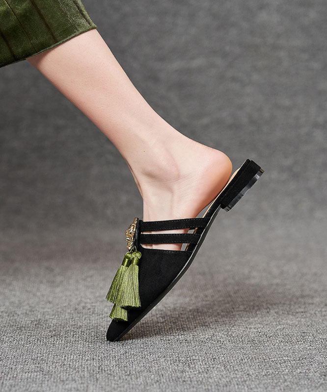 Black Velour Tassel Splicing Slide Sandals Pointed Toe