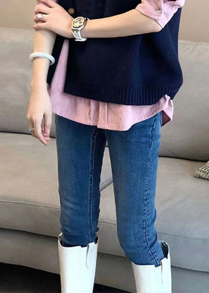 Style Pink Shirts and Navy Knit Vest Side Open Two Pieces Set Fall