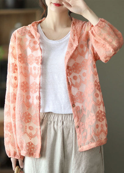 Loose Pink Embroideried Patchwork Lace Cardigans Long Sleeve