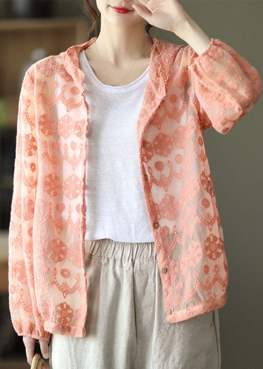 Loose Pink Embroideried Patchwork Lace Cardigans Long Sleeve