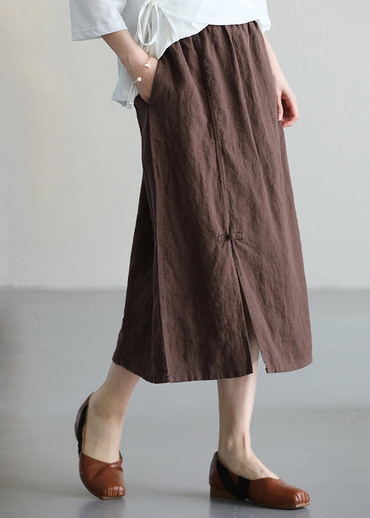 Versatile Coffee Chinese Button Linen Skirt Summer