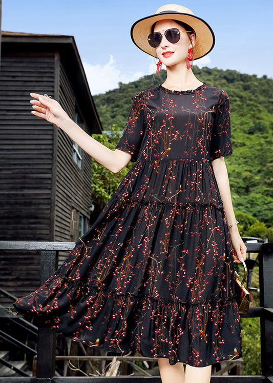 Black O-neck Ruffled Print Silk Maxi Dress Short Sleeve