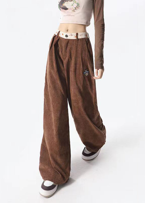 Style Brown Pockets Corduroy Wide Leg Pants Spring