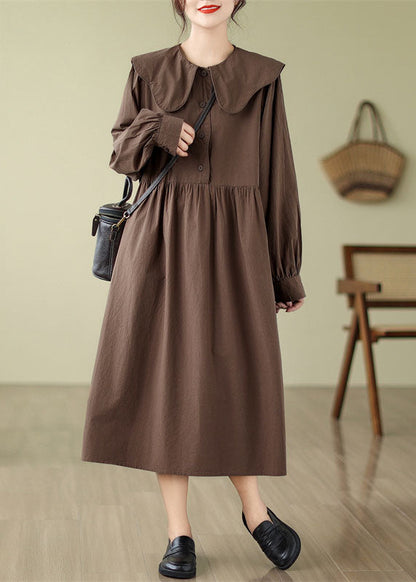 Coffee Wrinkled Button Long Dress Long Sleeve