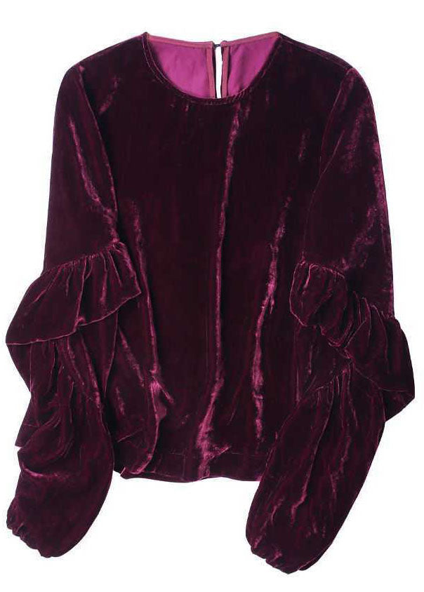 Classy Purple O-neck Oversized Silk Velour Shirt Top Long Sleeve
