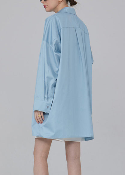Blue Button Pockets Patchwork Cotton Blouses Fall
