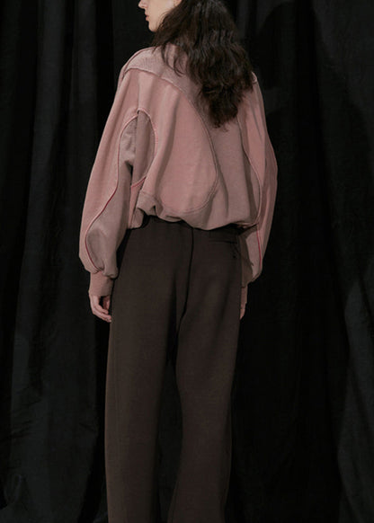 Organic Pink O Neck Patchwork Cotton Sweatshirts Top Fall
