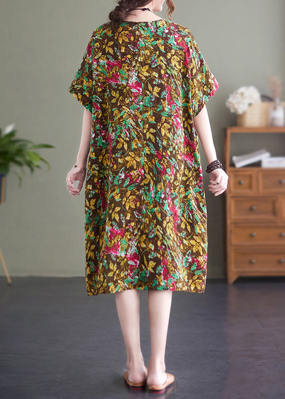 Yellow Print O-neck Cotton Long Dresses Short Sleeve