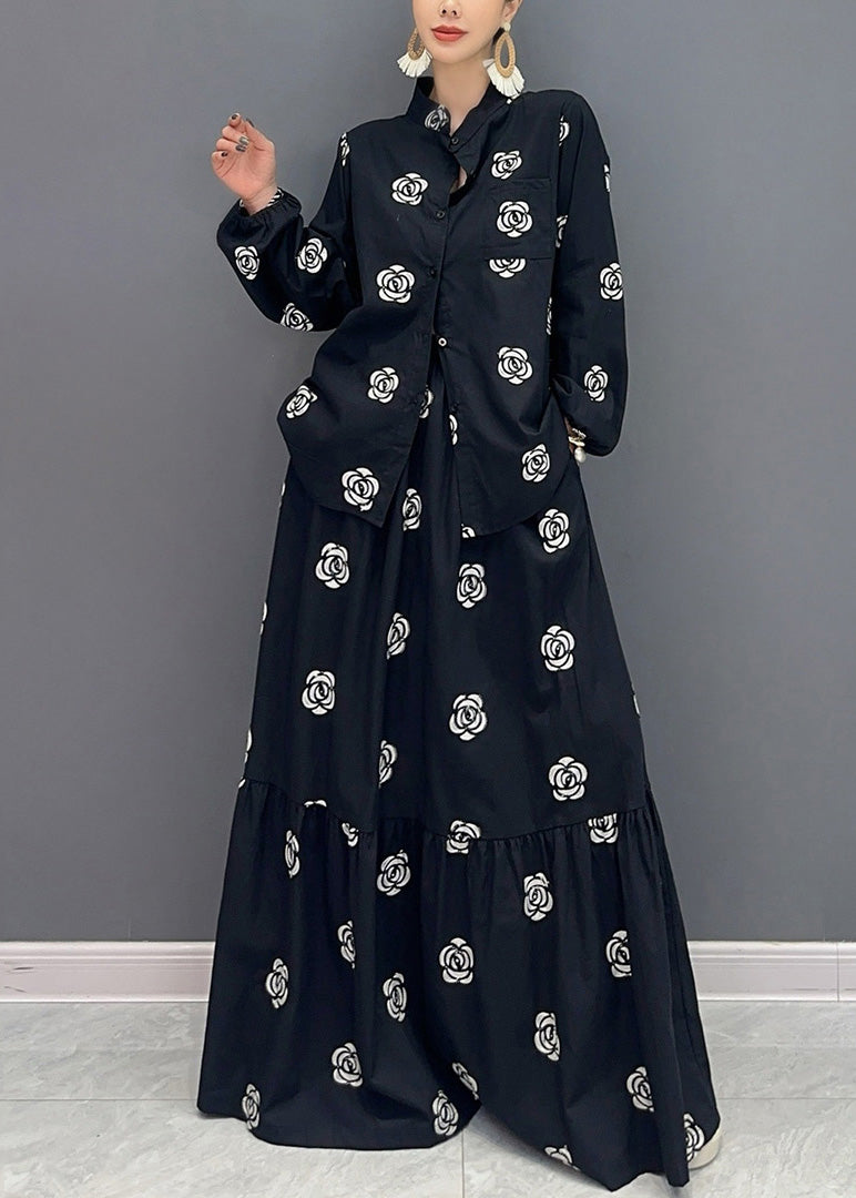 Boutique Black Stand Collar Print Patchwork Cotton Two-piece Set Fall