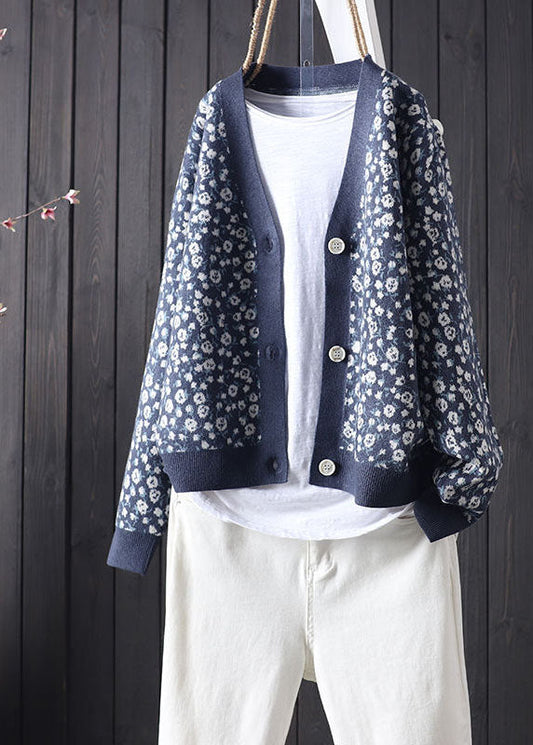Blue V Neck Print Button Knit Cardigans Spring