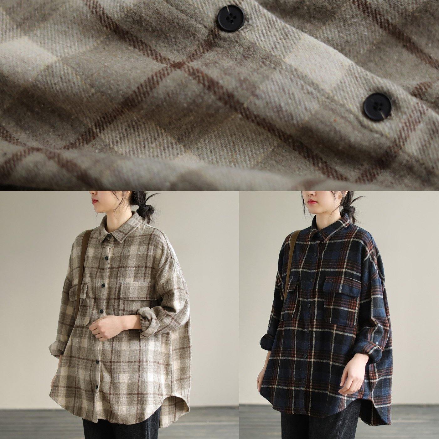Lapel Patchwork Spring Tunic Pattern Design Khaik Plaid Shirt