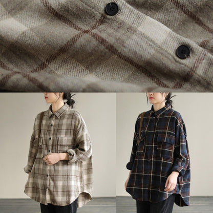 Navy Plaid Tunic Pattern Lapel Patchwork Knee Spring Top