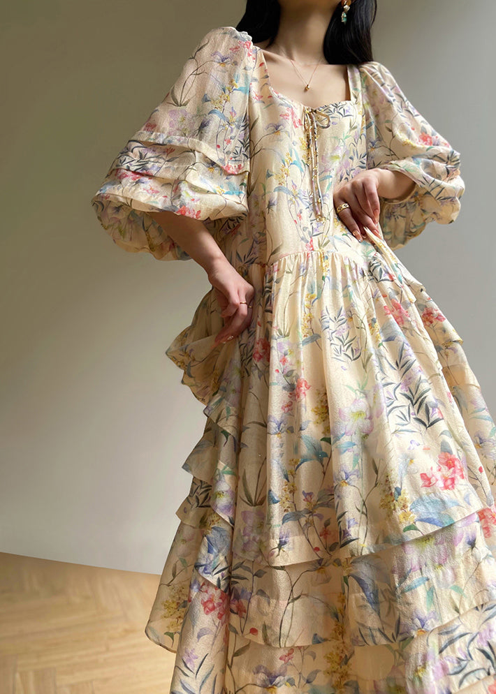 Print Square Collar Silk Dresses Lantern Sleeve
