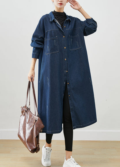 Navy Denim Trench Coats Oversized Pockets Spring