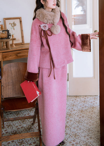 Pink Fur Collar Coat Side Open and Skirts Woolen Two Pieces Set Winter