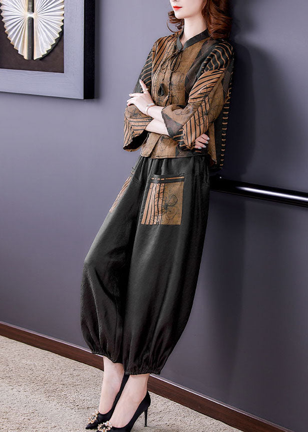 Chocolate Stand Collar Patchwork Print Silk Two Pieces Set Bracelet Sleeve