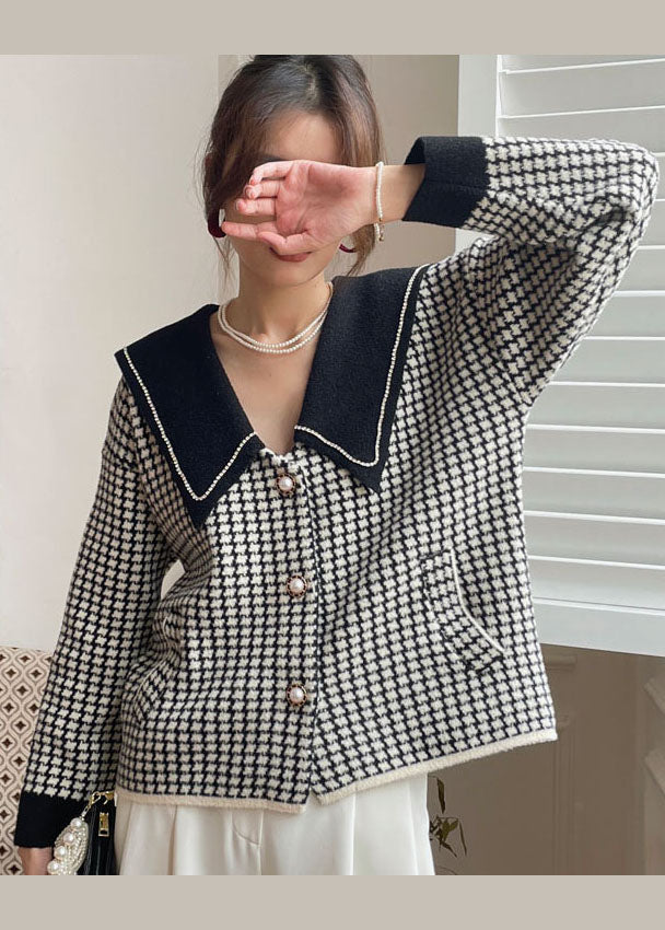 Black Peter Pan Collar Plaid Knit Coat Spring