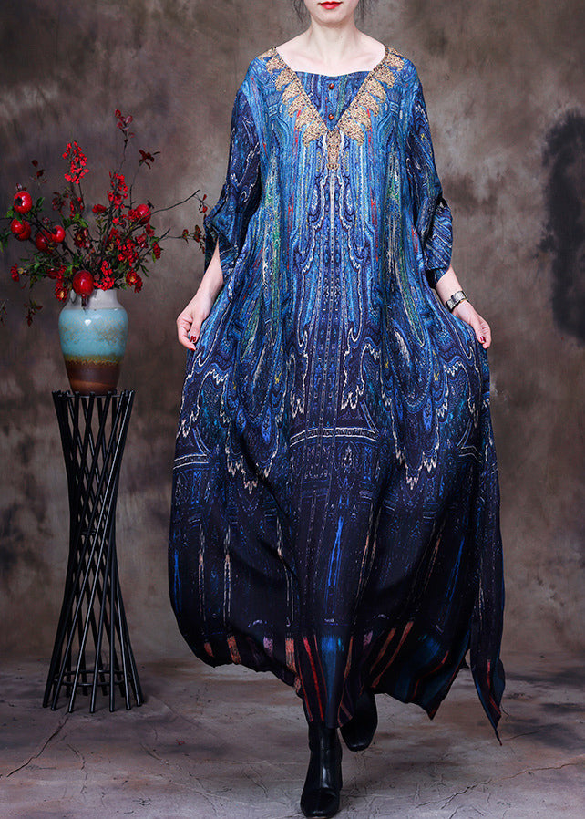 Peacock Blue V Neck Print Side Open Button Silk Long Dresses Summer