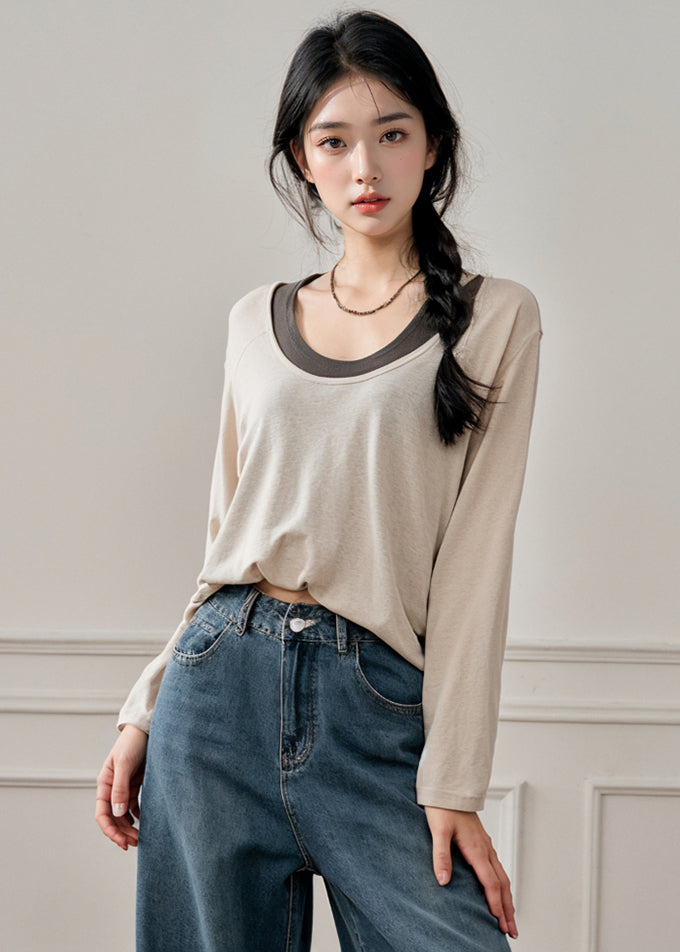 Handmade Apricot O-neck Patchwork Fake Two Pieces T Shirt Fall
