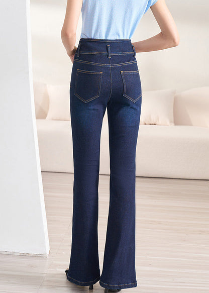 Slim Fit Navy Button High Waist Denim Flare Bottoms Fall