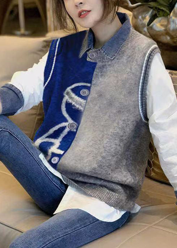 Stylish Vest Denim Patchwork Shirt Autumn New Two-piece Set