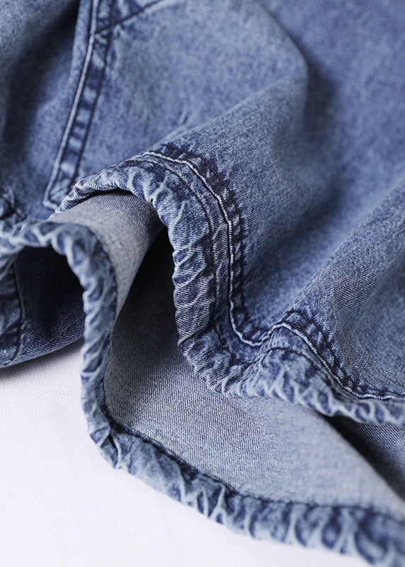 Denim Blue Cotton Tops and Shorts Two Piece Set Outfits Hooded Drawstring Summer