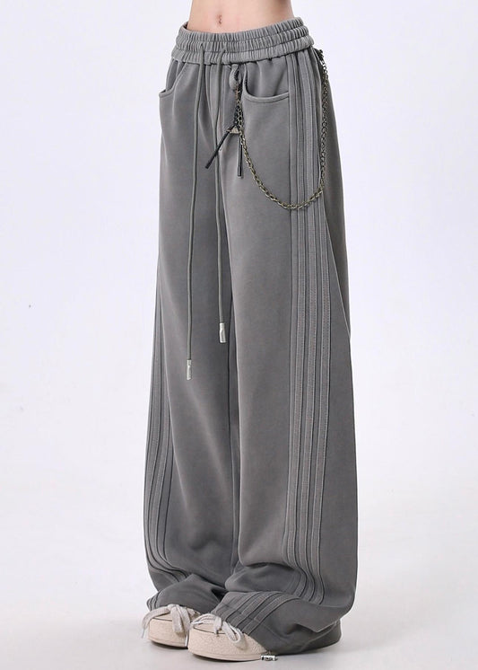Grey Pockets Patchwork Elastic Waist Cotton Pants Spring