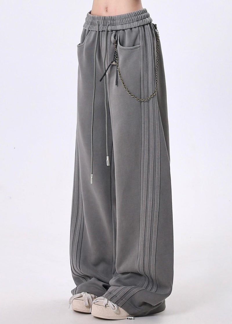 Grey Pockets Patchwork Elastic Waist Cotton Pants Spring