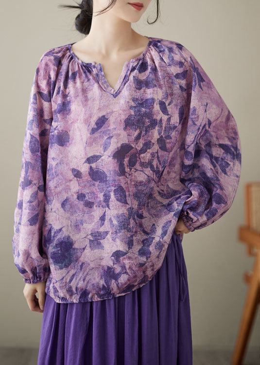 Purple Print Wrinkled Patchwork Linen Tops Long Sleeve