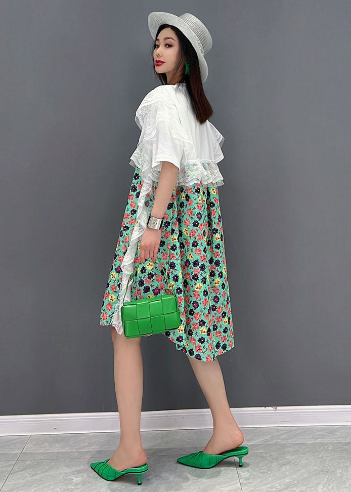 Green Print Lace Patchwork Party Dress O-neck Short Sleeve
