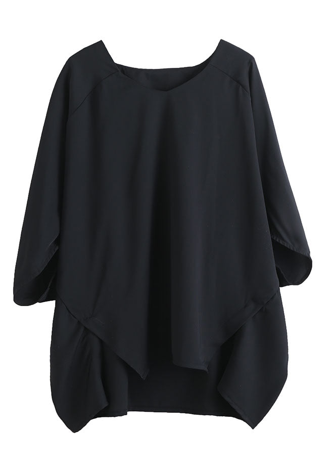 Black Oversized Asymmetrical Side Open Cotton Tops Batwing Sleeve