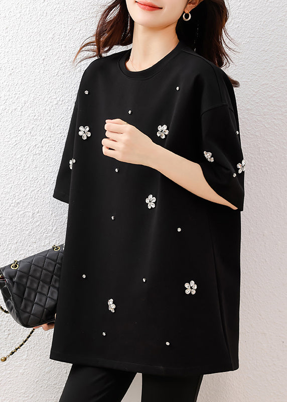 Fine Black Oversized Rhinestone Cotton Tops Summer