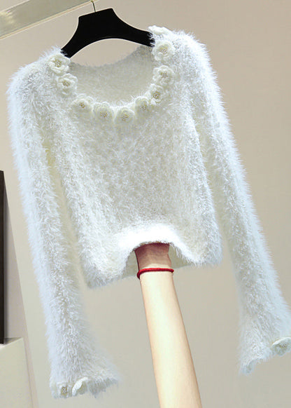Pink O-neck Ma Hai Mao Cotton Knit Sweaters Winter