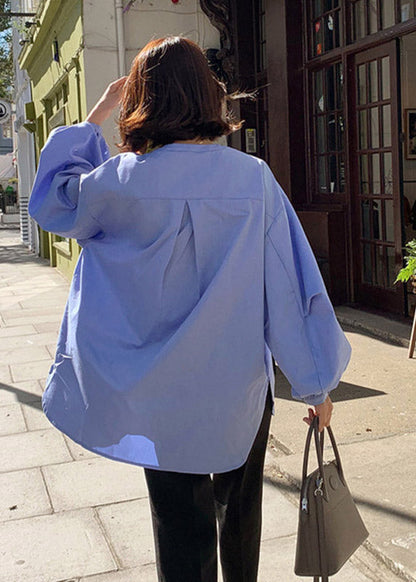 French Blue O-neck Button Side Open Cotton Shirts Lantern Sleeve