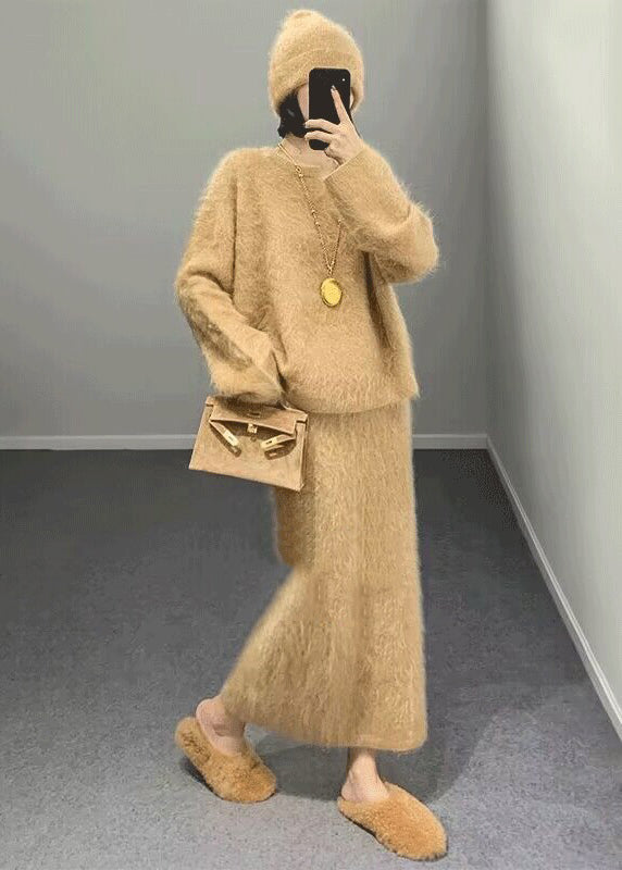 Khaki O Neck Woolen Two Piece Set Outfits Winter