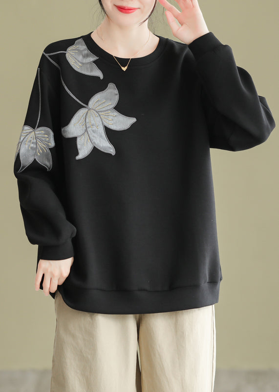 Black O Neck Embroideried Cotton Pullover Sweatshirt Fall