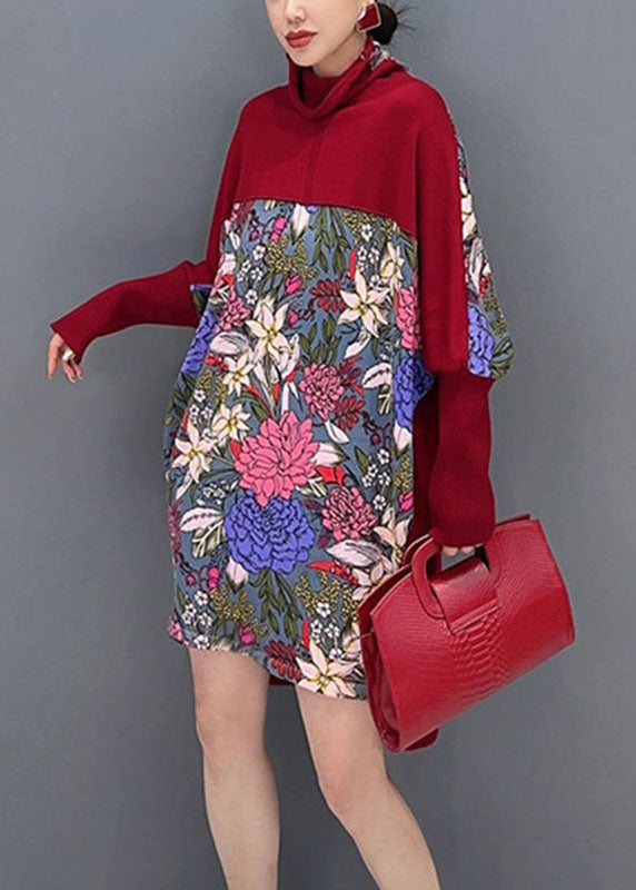 Red Print Knit Patchwork Tops Long Sleeve