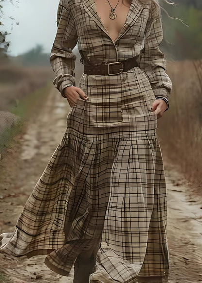 Peter Pan Collar Plaid Patchwork Cotton Long Dress Spring
