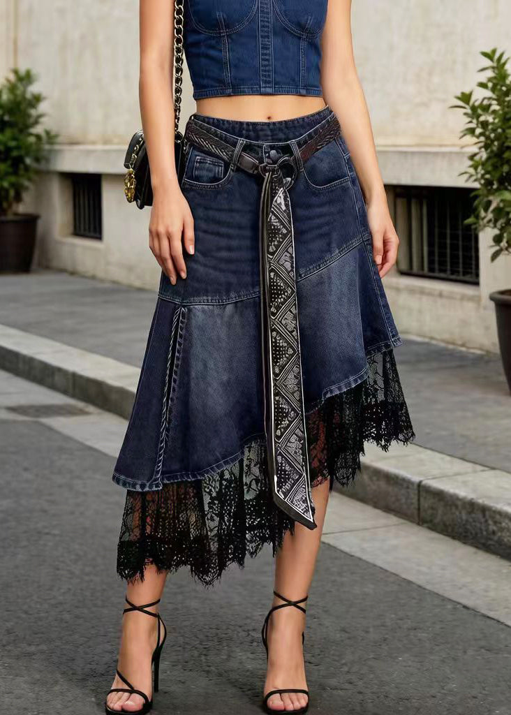 Denim Blue Patchwork Lace Skirt Low High Design Summer