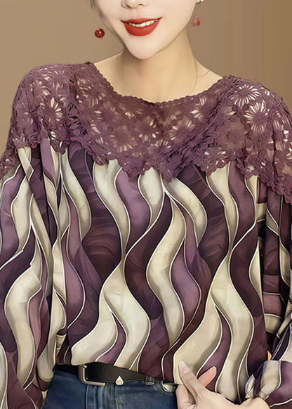 Blue O-neck Print Hollow Out Chiffon Shirt Fall
