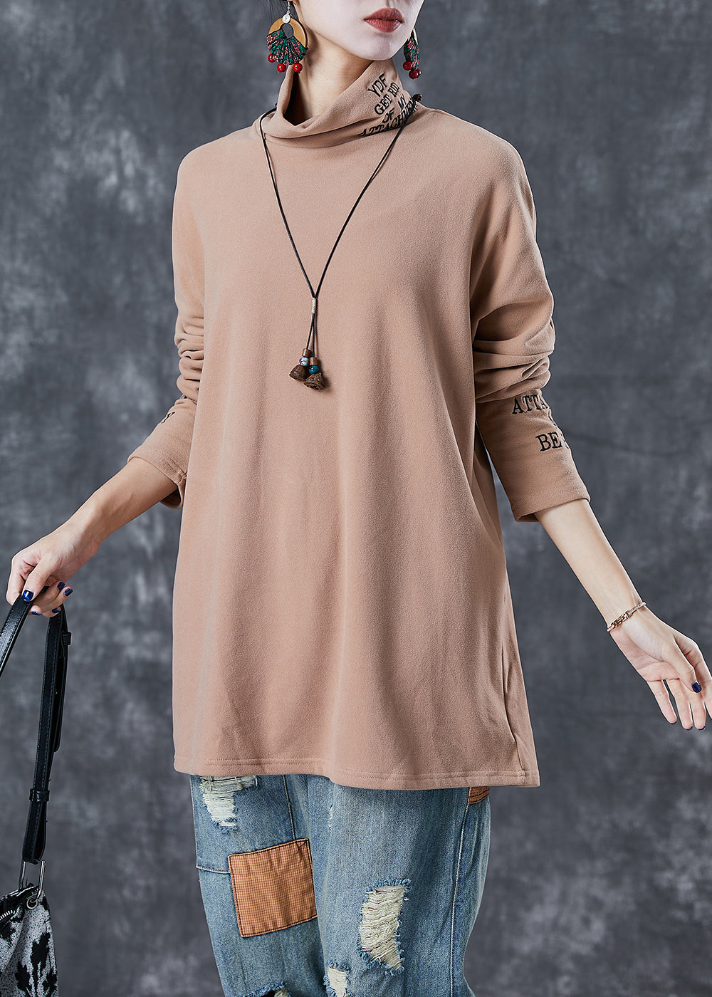 Khaki Turtle Neck Letter Embroideried Velour Tops Fall