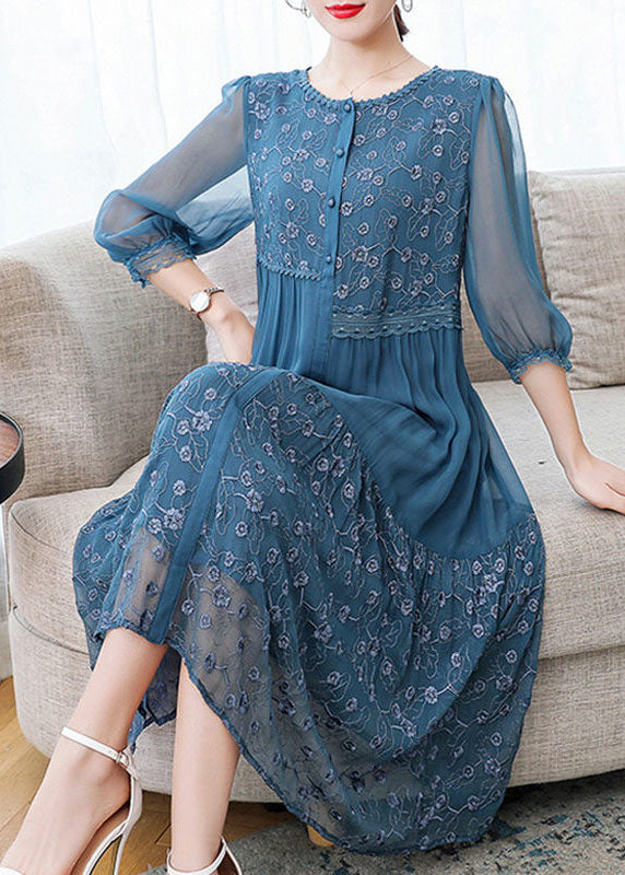 Blue Embroideried Patchwork Silk Dresses Spring