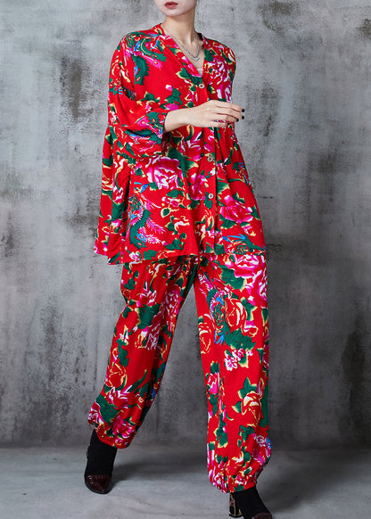Red Oversized Print Cotton Two Piece Suit Set Summer