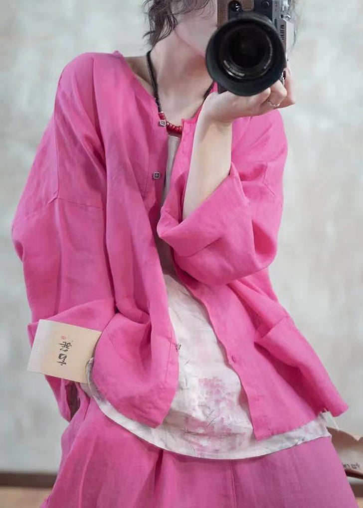 Blue O Neck Button Pockets Linen Shirt Top Spring